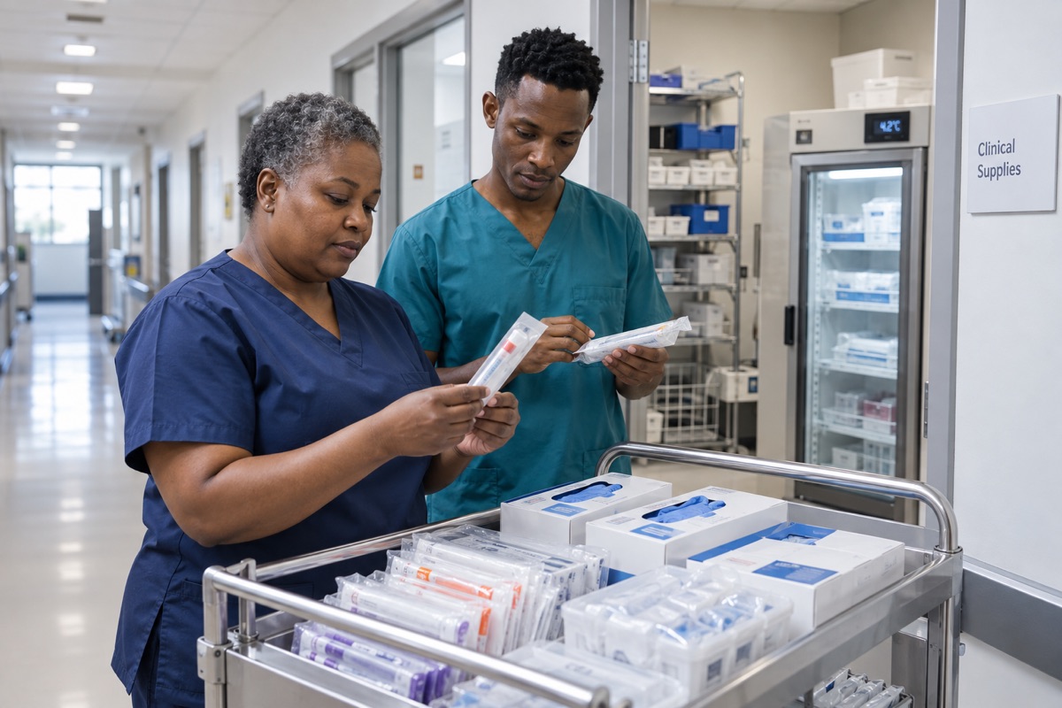 Hospital healthcare team reviewing clinical supplies