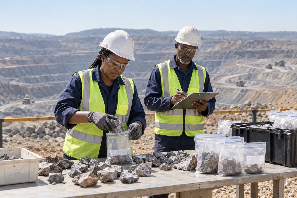 Mining specialists collecting and documenting rock samples