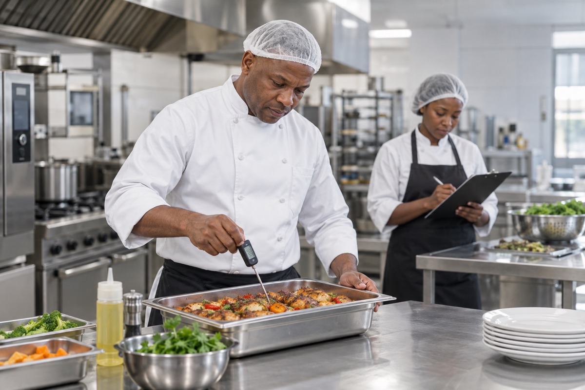 Hospitality professionals performing food quality checks