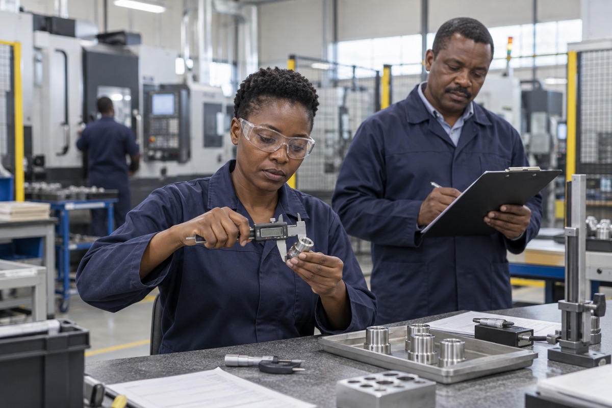 Manufacturing quality team measuring a machined component