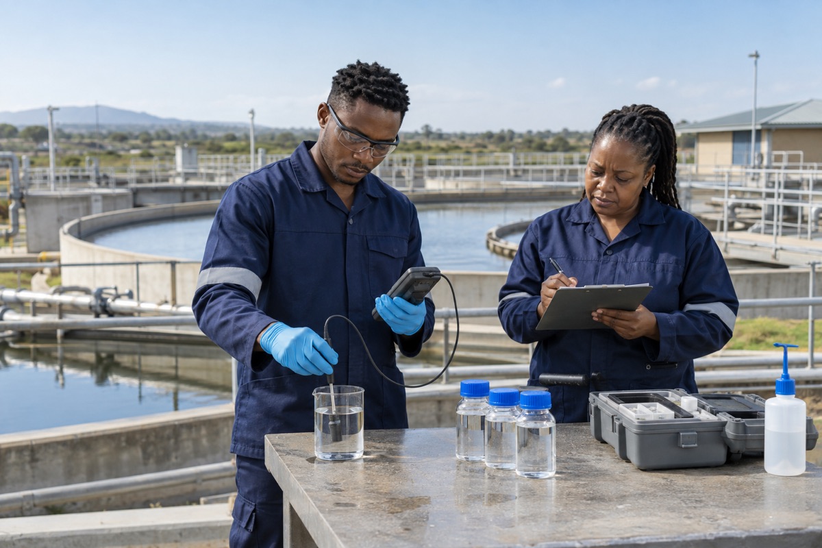 Water processing specialists testing a water sample