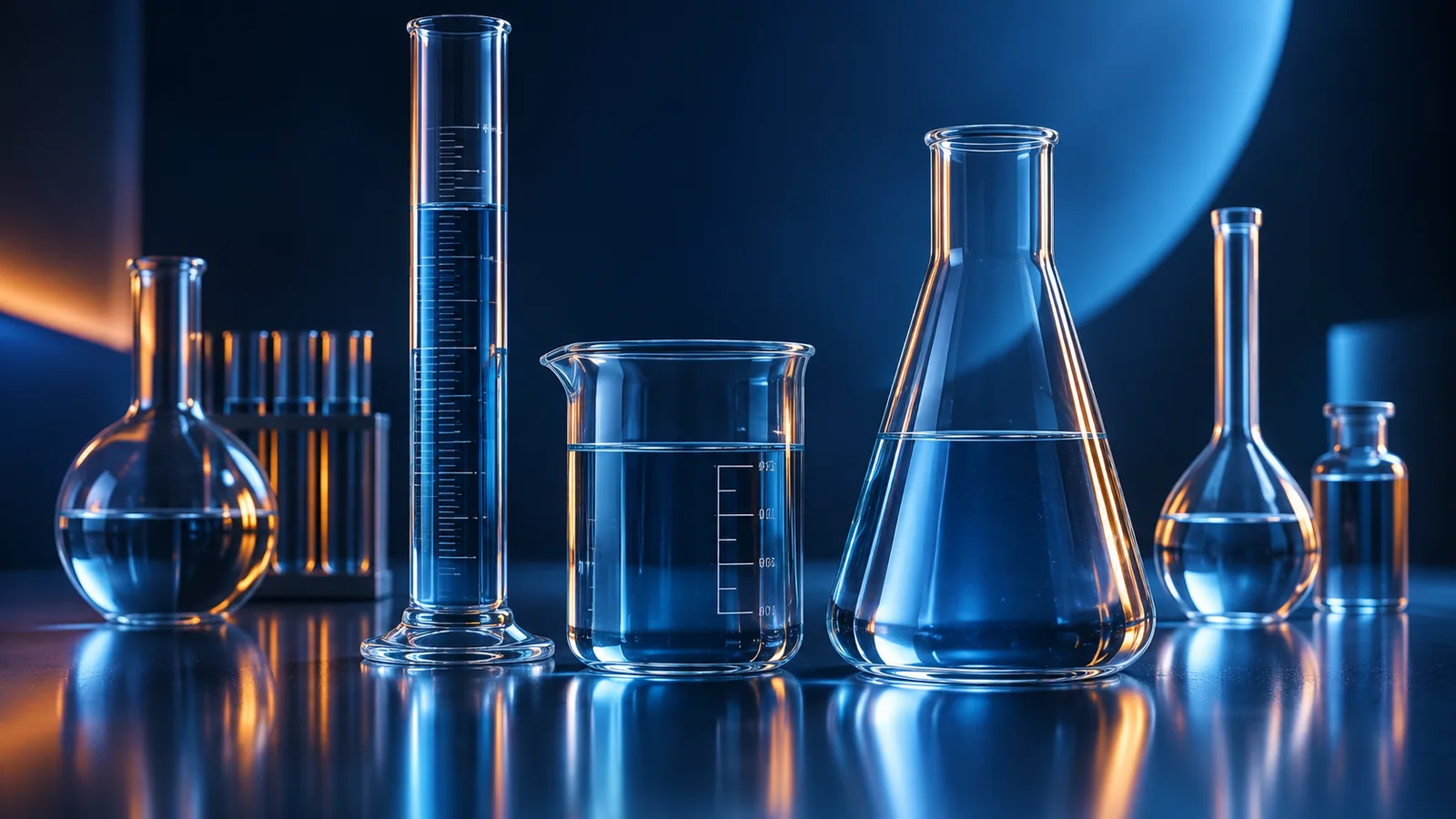 Laboratory glassware illuminated in Comeiin blue and orange
