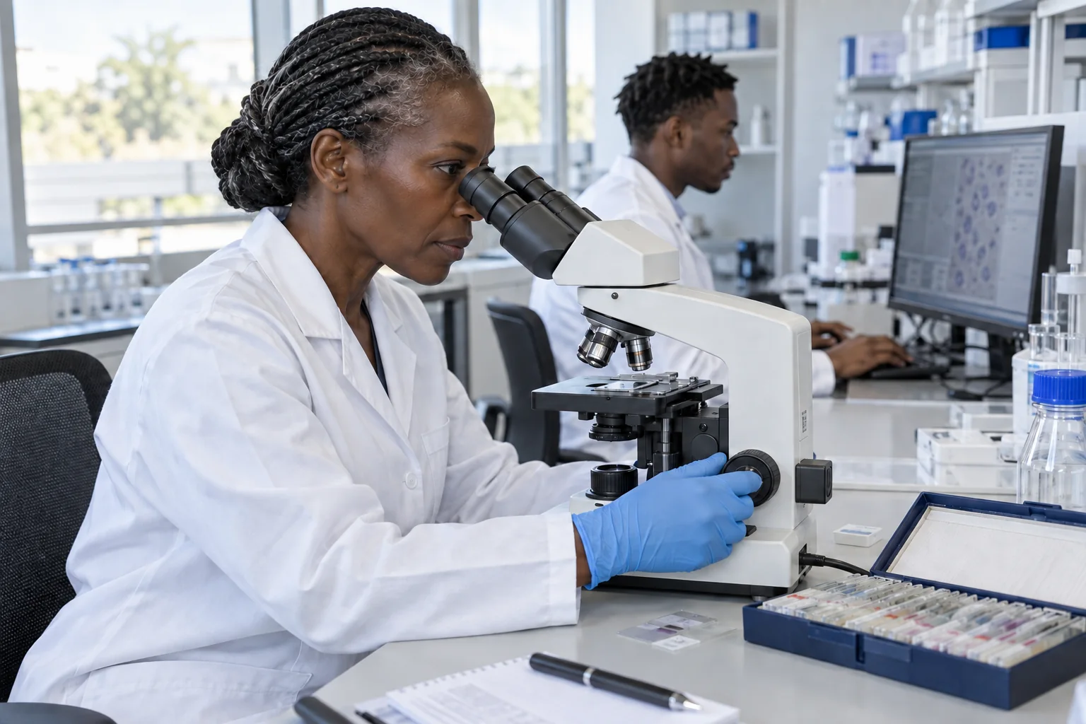 Scientist using a microscope in a professionally equipped laboratory