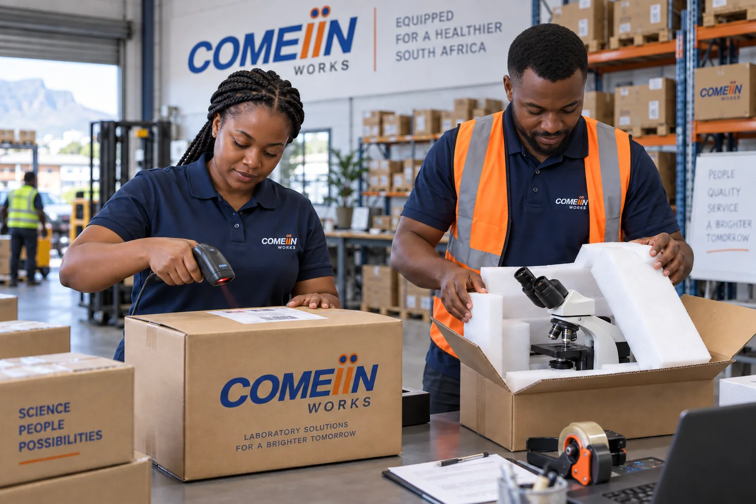 Comeiin Works logistics team packing laboratory equipment for delivery