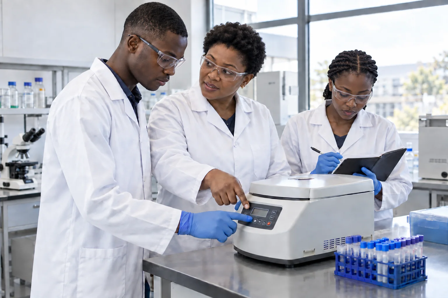 Laboratory professionals checking equipment and samples together