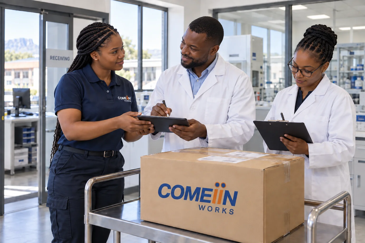 Comeiin Works coordinator reviewing a laboratory delivery with scientists